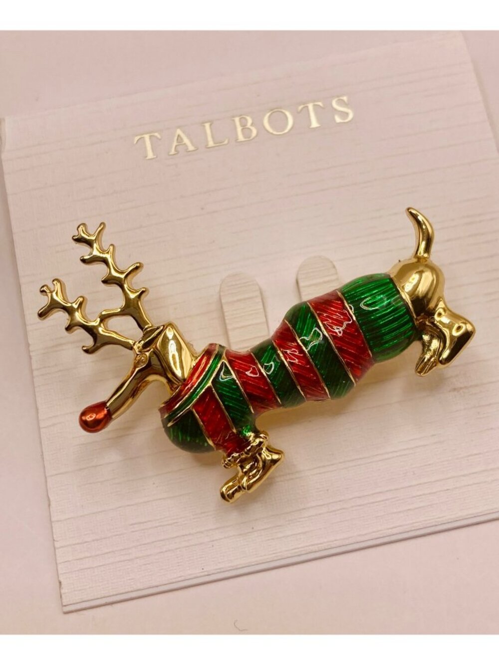 Talbots Holiday Reindeer Dachshund Brooch Pin Gold-Tone Red & Green -10